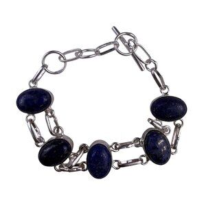 Sterling Silver 925 Womens Blue Lapis Link Bracelet Adjustabl Oval Stones